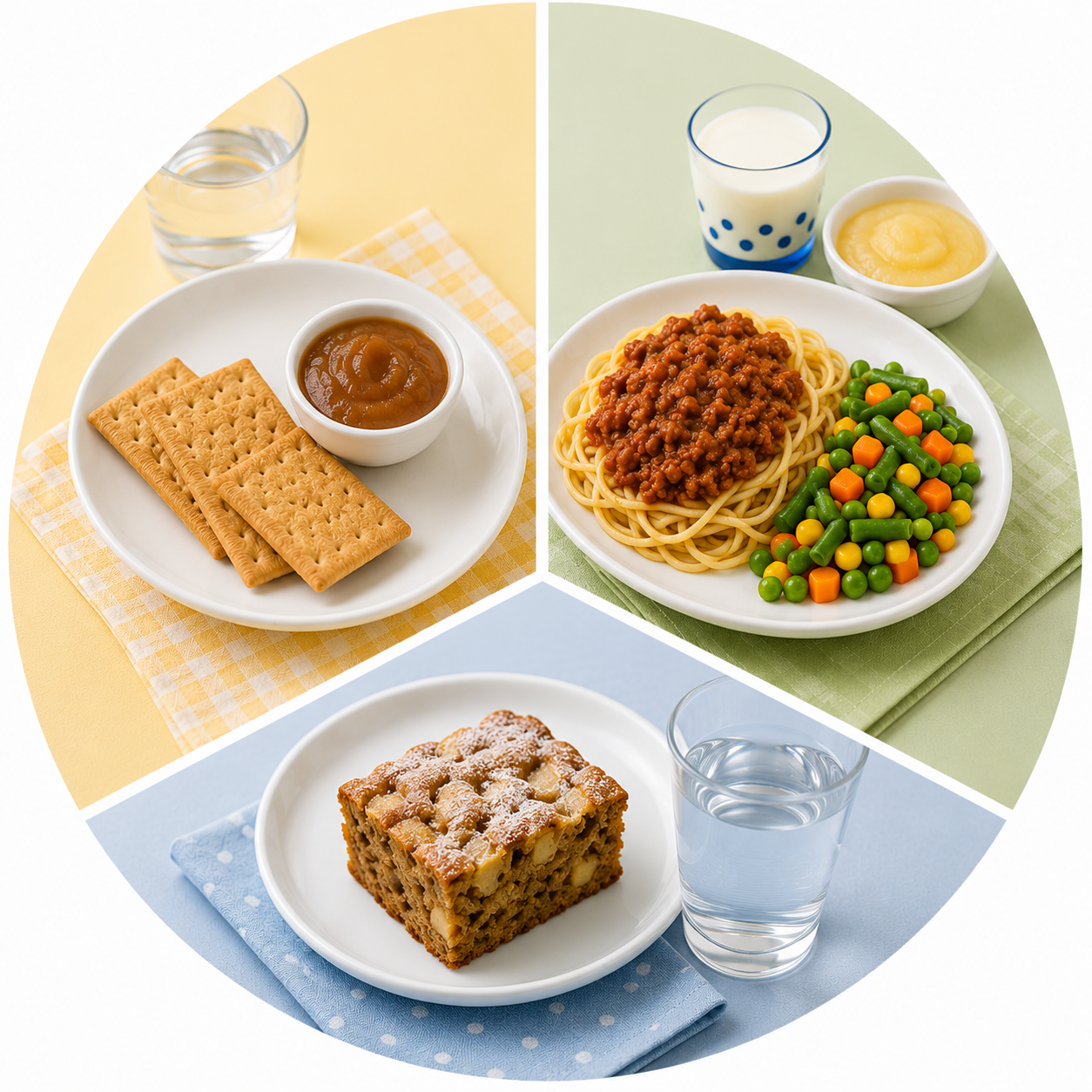 Plate of spaghetti topped with meat sauce, served with mixed vegetables and a glass of water.