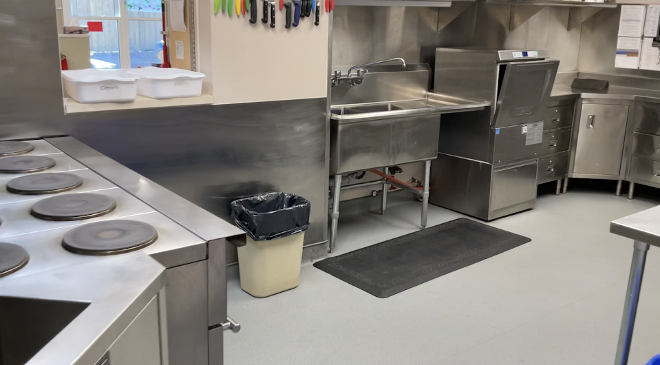 Stainless steel commercial kitchen with a stovetop, deep double sink, and dishwasher