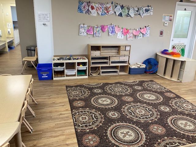 Open bins of blocks and building toys on a patterned area rug
