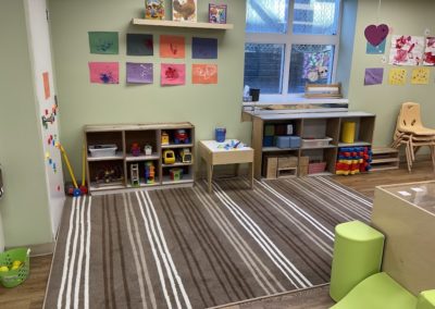 A striped area rug with low wooden shelves holding toy trucks, blocks, and puzzles, beneath a shelf of picture books and a window.