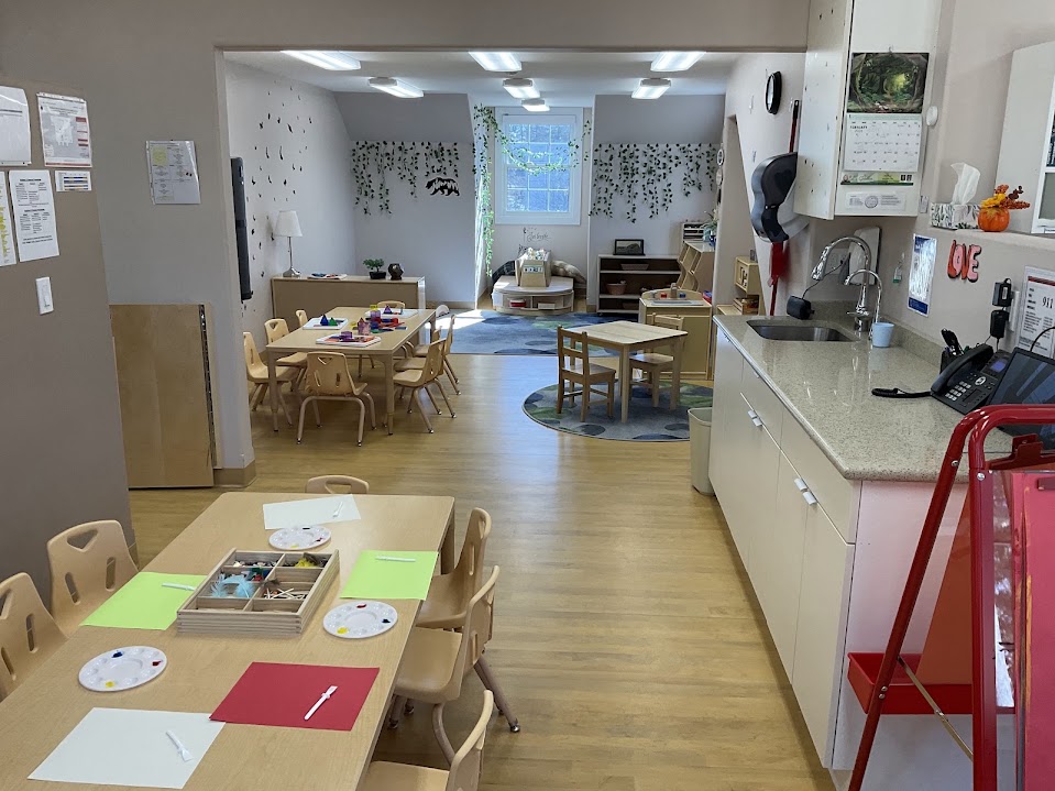 Classroom overview with a kitchenette counter and vine-decorated reading area